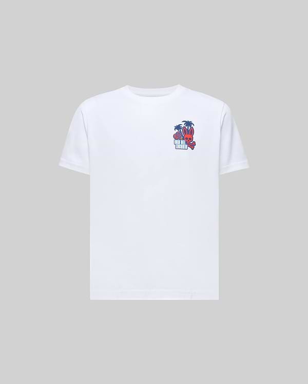 The Psycho Bunny KIDS PUERTO RICO TEE (KT0200133) features a white Pima cotton short sleeve and a small, colorful red crab and blue palm tree graphic on the chest—ideal for adding Puerto Rico vibes to any outfit.
