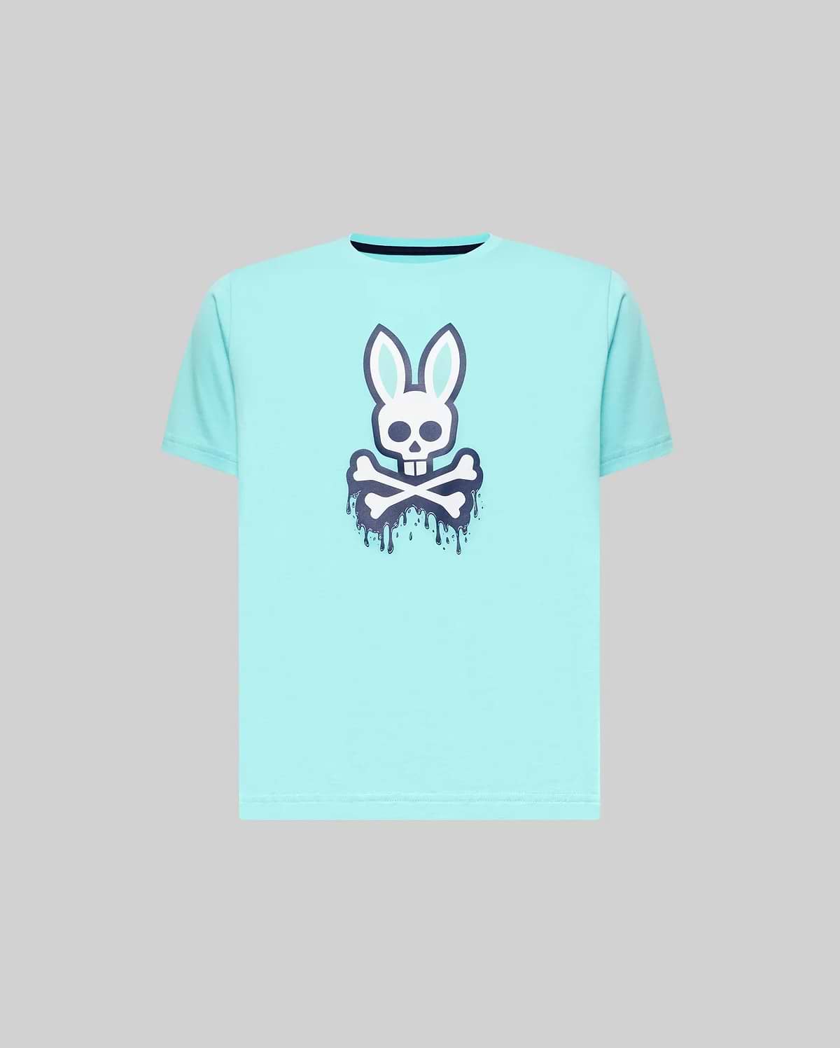 Kids Carl Graphic Tee, an aqua jersey t-shirt with a classic fit, featuring a large white and dark blue dripping Psycho Bunny skull graphic on the center chest.