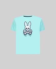 Kids Carl Graphic Tee, an aqua jersey t-shirt with a classic fit, featuring a large white and dark blue dripping Psycho Bunny skull graphic on the center chest.