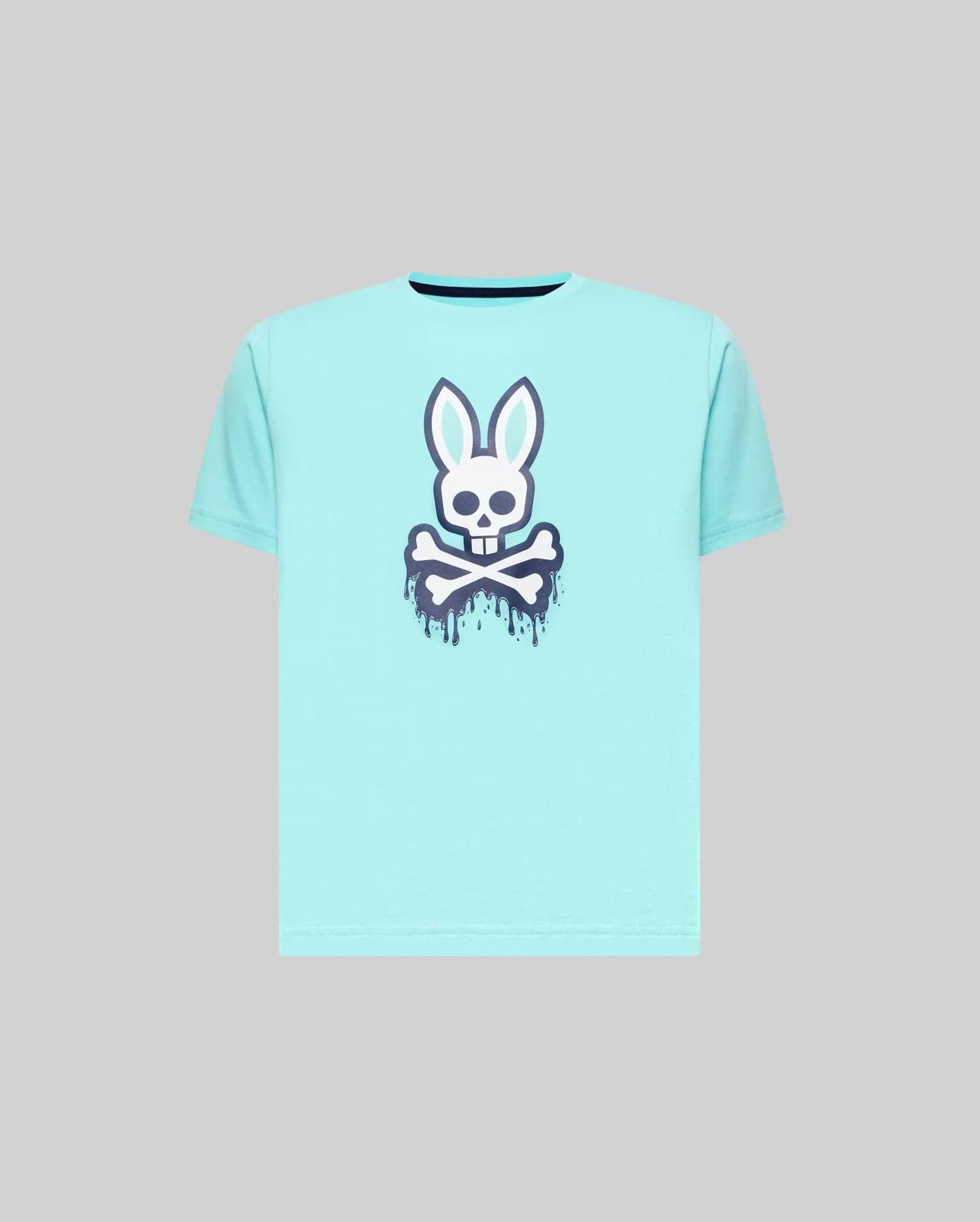Kids Carl Graphic Tee, an aqua jersey t-shirt with a classic fit, featuring a large white and dark blue dripping Psycho Bunny skull graphic on the center chest.