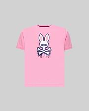 Kids Carl Graphic Tee: Pink jersey t-shirt with a large, centered white and dark blue dripping Psycho Bunny skull and crossbones graphic print, classic fit.