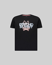 Kids Herman Graphic Tee. Black classic fit jersey t-shirt with a large central chest graphic of blue textured denim-look Psycho Bunny text and a pink bunny skull outline.