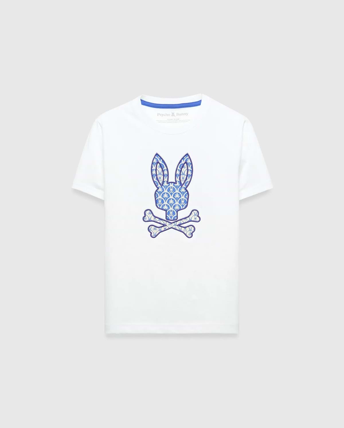 Kids Brad Graphic Tee, white classic fit smooth jersey t-shirt featuring a large central blue patterned Psycho Bunny skull logo graphic and blue inner neck tape.