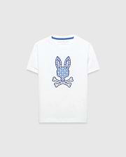 Kids Brad Graphic Tee, white classic fit smooth jersey t-shirt featuring a large central blue patterned Psycho Bunny skull logo graphic and blue inner neck tape.