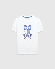 Kids Brad Graphic Tee, white classic fit smooth jersey t-shirt featuring a large central blue patterned Psycho Bunny skull logo graphic and blue inner neck tape.