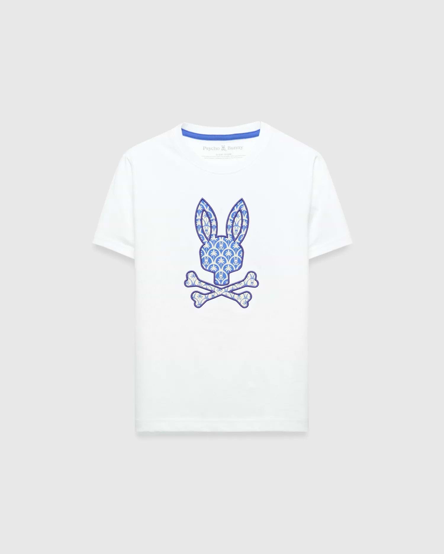 Kids Brad Graphic Tee, white classic fit smooth jersey t-shirt featuring a large central blue patterned Psycho Bunny skull logo graphic and blue inner neck tape.
