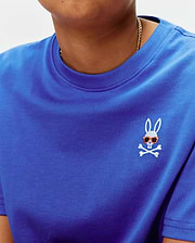 Royal Blue Kids Sunny Chest Graphic Tee, classic fit jersey knit, featuring a small embroidered white Psycho Bunny skull logo with orange sunglasses on the left chest.