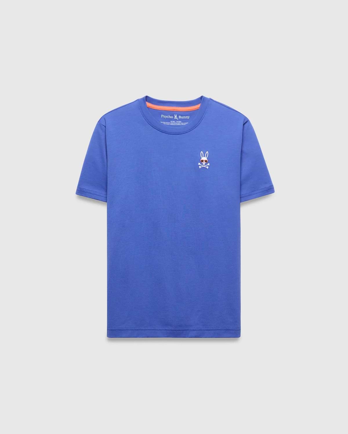 Kids Sunny Chest Graphic Tee, a vibrant blue classic fit jersey t-shirt featuring a small embroidered Psycho Bunny skull logo with sunglasses on the left chest and orange inner collar trim.
