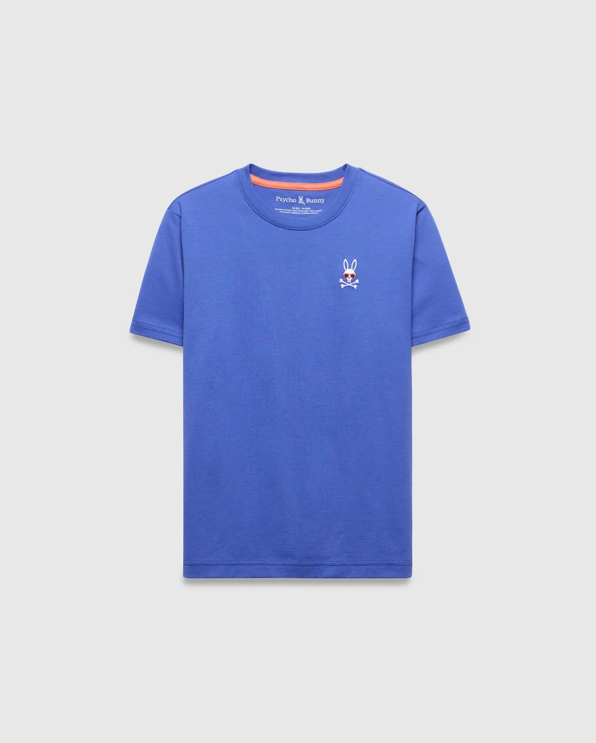 Kids Sunny Chest Graphic Tee, a vibrant blue classic fit jersey t-shirt featuring a small embroidered Psycho Bunny skull logo with sunglasses on the left chest and orange inner collar trim.
