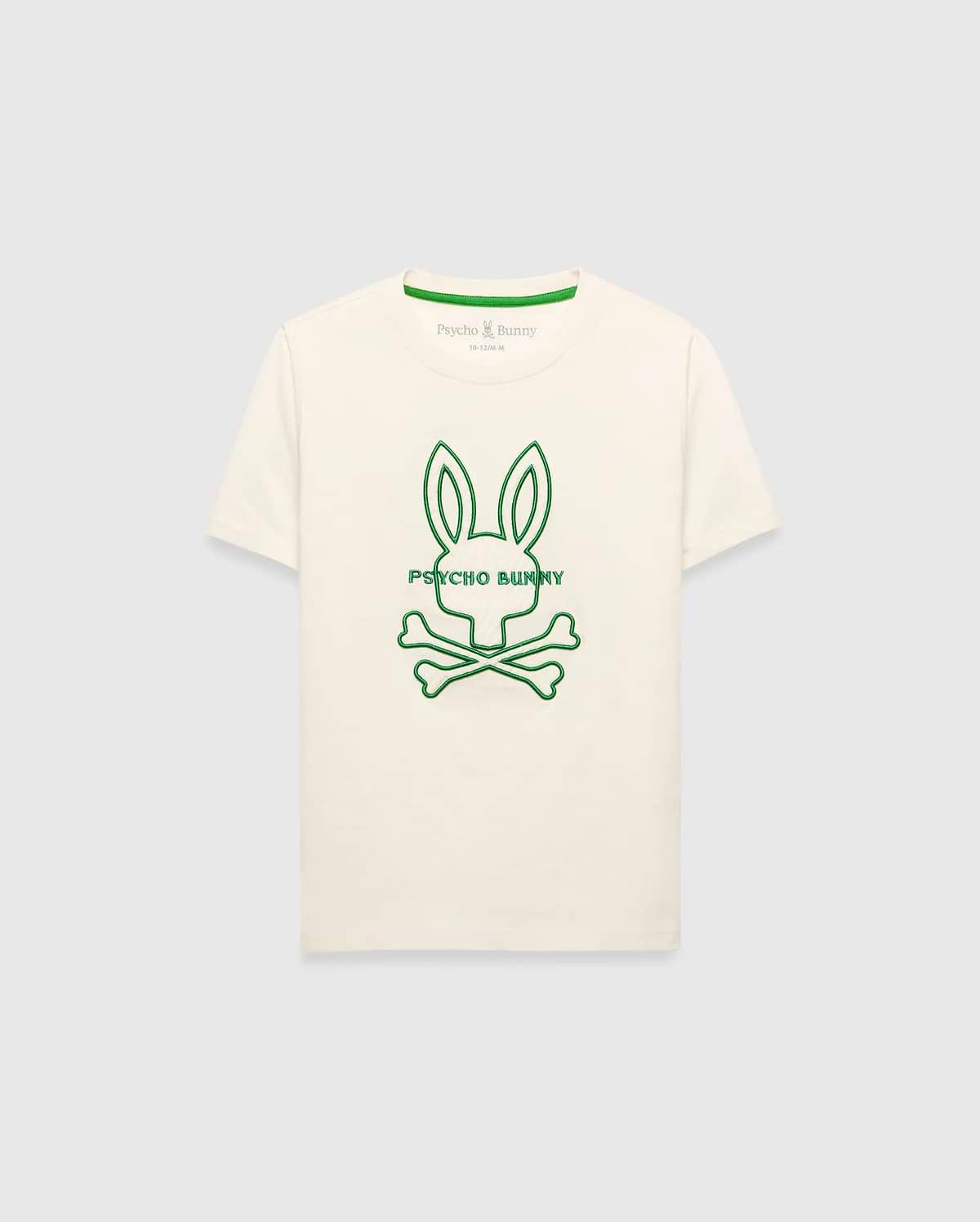 Kids Craig Graphic Tee, a classic fit off-white jersey t-shirt with a large green outline Psycho Bunny skull logo centered on the chest and a green neck trim.