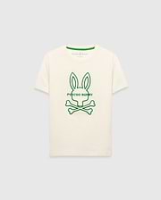Kids Craig Graphic Tee, a classic fit off-white jersey t-shirt with a large green outline Psycho Bunny skull logo centered on the chest and a green neck trim.