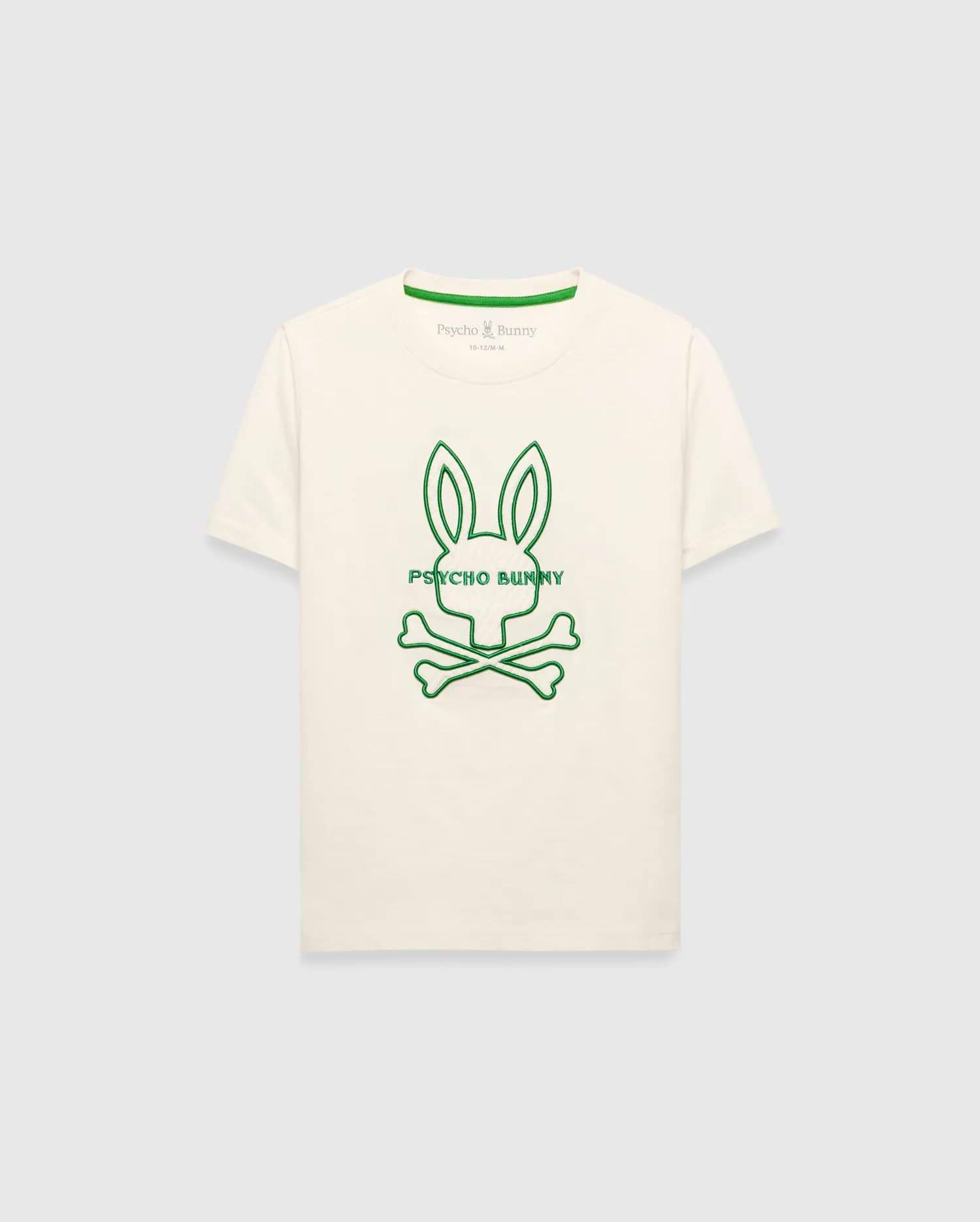 Kids Craig Graphic Tee, a classic fit off-white jersey t-shirt with a large green outline Psycho Bunny skull logo centered on the chest and a green neck trim.
