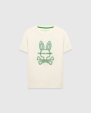 Kids Craig Graphic Tee, a classic fit off-white jersey t-shirt with a large green outline Psycho Bunny skull logo centered on the chest and a green neck trim.