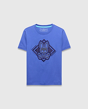 Kids Tobias Graphic Tee, royal blue classic fit jersey t-shirt featuring a large central dimensional dark blue Psycho Bunny skull logo graphic within a diamond, with light blue neck trim.