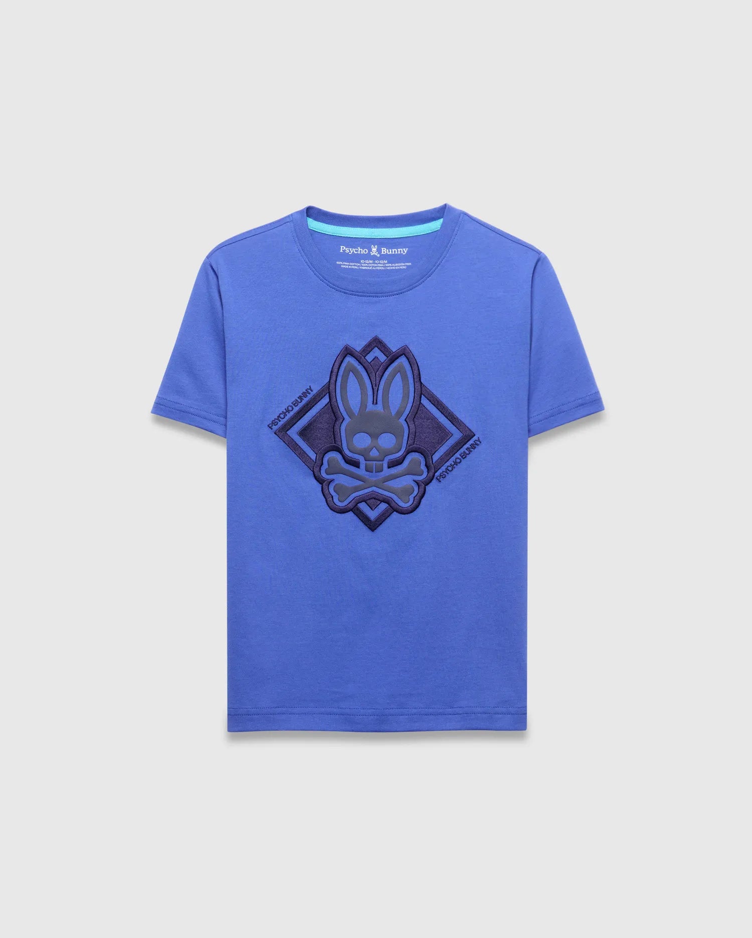 Kids Tobias Graphic Tee, royal blue classic fit jersey t-shirt featuring a large central dimensional dark blue Psycho Bunny skull logo graphic within a diamond, with light blue neck trim.