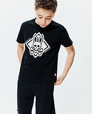 Black Kids Tobias Graphic Tee, a classic fit jersey t-shirt featuring a large white Psycho Bunny skull and crossbones graphic on the chest, outlined by a diamond, with a small orange hem tag.