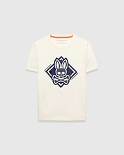 Kids Tobias Graphic Tee, a classic fit cream jersey t-shirt with a large, textured navy blue Psycho Bunny skull and crossbones logo graphic inside a diamond on the chest, featuring orange neckline trim.