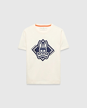 Kids Tobias Graphic Tee, a classic fit cream jersey t-shirt with a large, textured navy blue Psycho Bunny skull and crossbones logo graphic inside a diamond on the chest, featuring orange neckline trim.