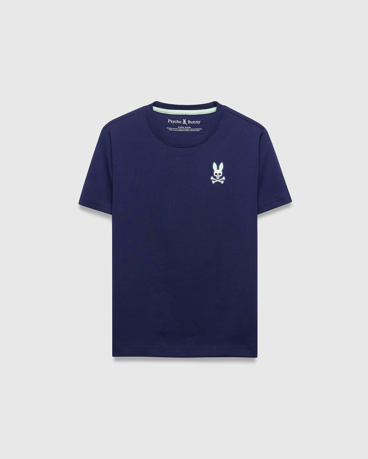 Kids Frank Back Graphic Tee, a classic fit navy blue jersey t-shirt with a small iridescent Psycho Bunny skull logo on the left chest and a subtle mint green inner collar detail.