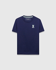 Kids Frank Back Graphic Tee, a classic fit navy blue jersey t-shirt with a small iridescent Psycho Bunny skull logo on the left chest and a subtle mint green inner collar detail.