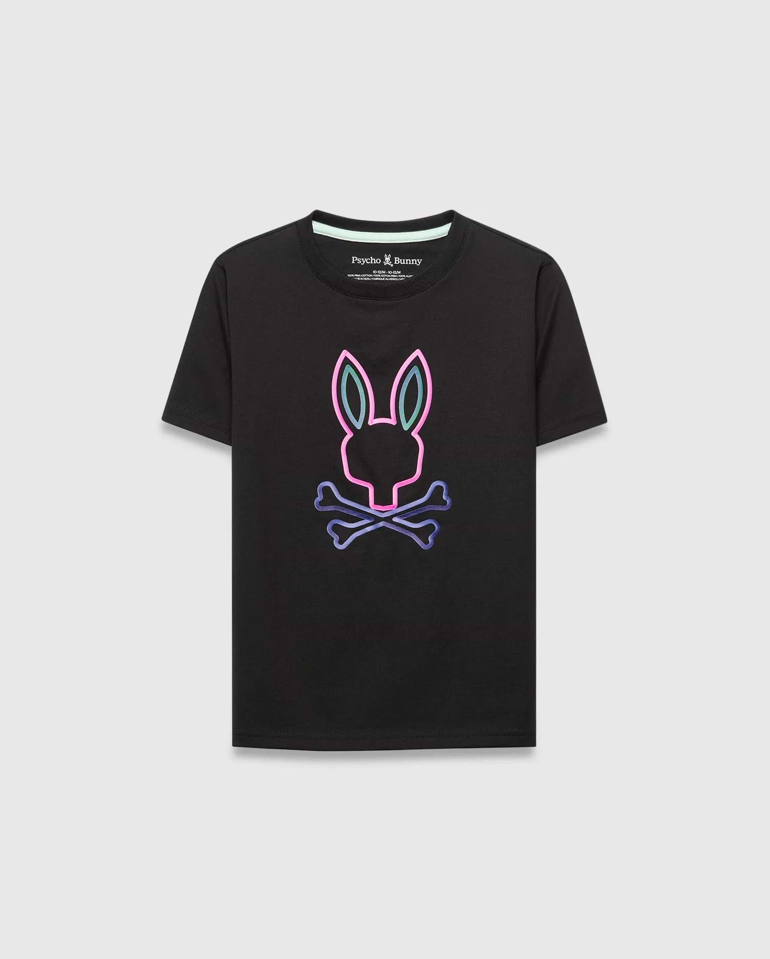 Kids Dayton Graphic Tee, black classic fit jersey t-shirt with a large, central neon-style Psycho Bunny skull graphic in pink, blue, and purple.