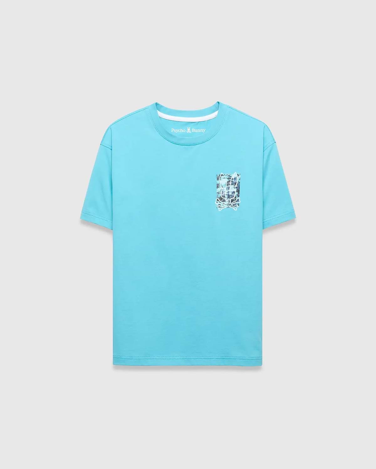 Kids Isaac Relaxed Fit Tee in aqua jersey, featuring a small Psycho Bunny text logo on the back neck and a chest pocket with a distressed bunny skull graphic print.