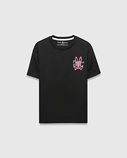Kids Duncan Relaxed Fit Tee, black ribbed jersey, relaxed fit, with a vibrant pink and green Psycho Bunny skull logo and text graphic on the left chest.