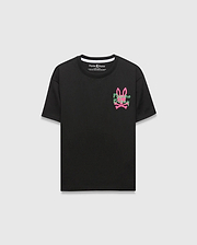 Kids Duncan Relaxed Fit Tee, black ribbed jersey, relaxed fit, with a vibrant pink and green Psycho Bunny skull logo and text graphic on the left chest.