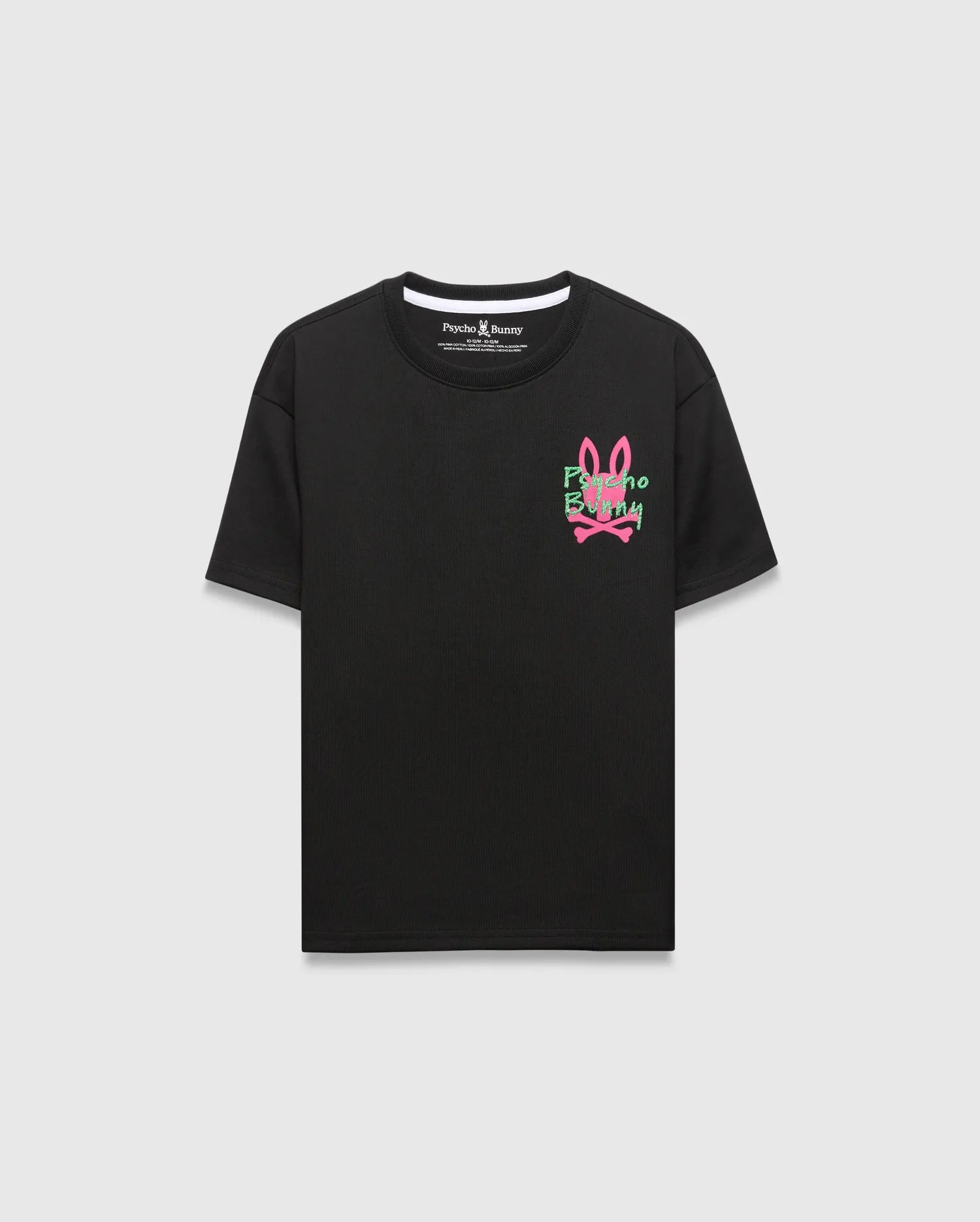 Kids Duncan Relaxed Fit Tee, black ribbed jersey, relaxed fit, with a vibrant pink and green Psycho Bunny skull logo and text graphic on the left chest.