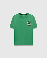 Kids Duncan Relaxed Fit Tee, vibrant green jersey knit, relaxed fit, black ribbed crew neck, featuring a large central Psycho Bunny skull logo in white, black, and red.