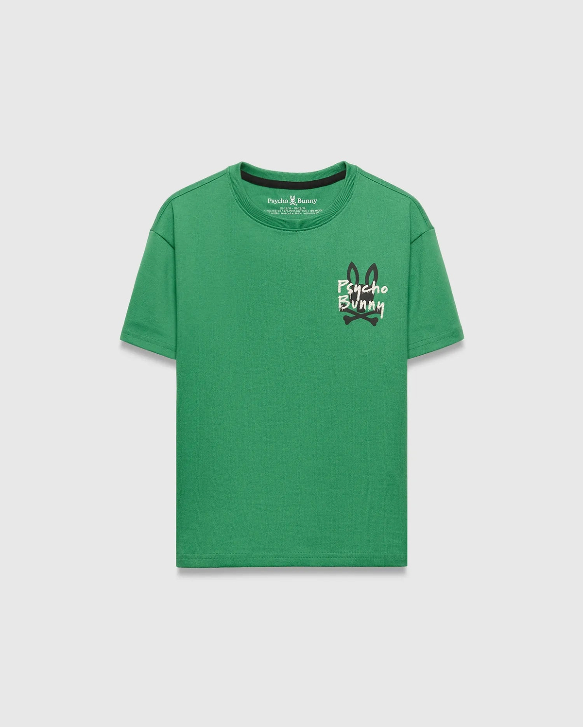 Kids Duncan Relaxed Fit Tee, vibrant green jersey knit, relaxed fit, black ribbed crew neck, featuring a large central Psycho Bunny skull logo in white, black, and red.
