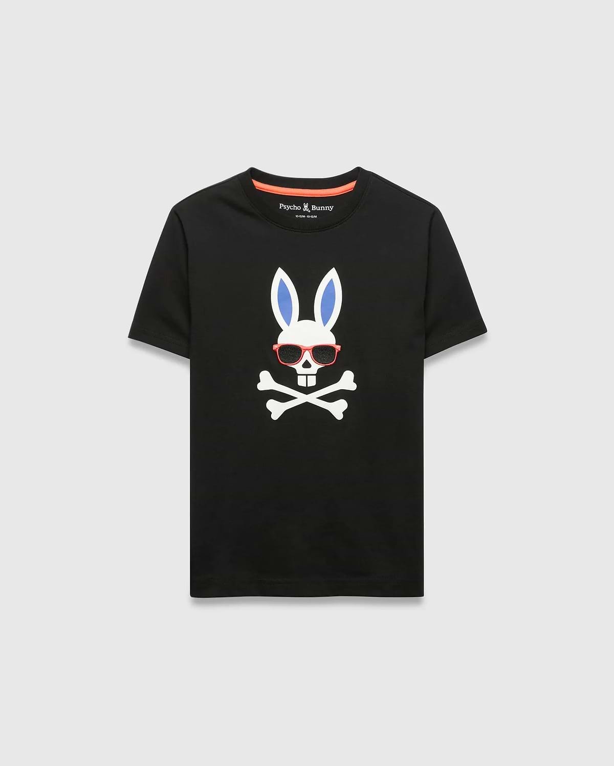 Black Kids Sunny Graphic Tee, classic fit, smooth jersey, featuring a large white Psycho Bunny skull with blue ears, red sunglasses, and crossbones graphic print on the chest, with orange neck tape.