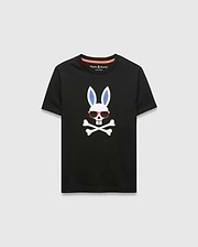 Black Kids Sunny Graphic Tee, classic fit, smooth jersey, featuring a large white Psycho Bunny skull with blue ears, red sunglasses, and crossbones graphic print on the chest, with orange neck tape.
