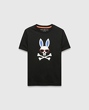 Black Kids Sunny Graphic Tee, classic fit, smooth jersey, featuring a large white Psycho Bunny skull with blue ears, red sunglasses, and crossbones graphic print on the chest, with orange neck tape.