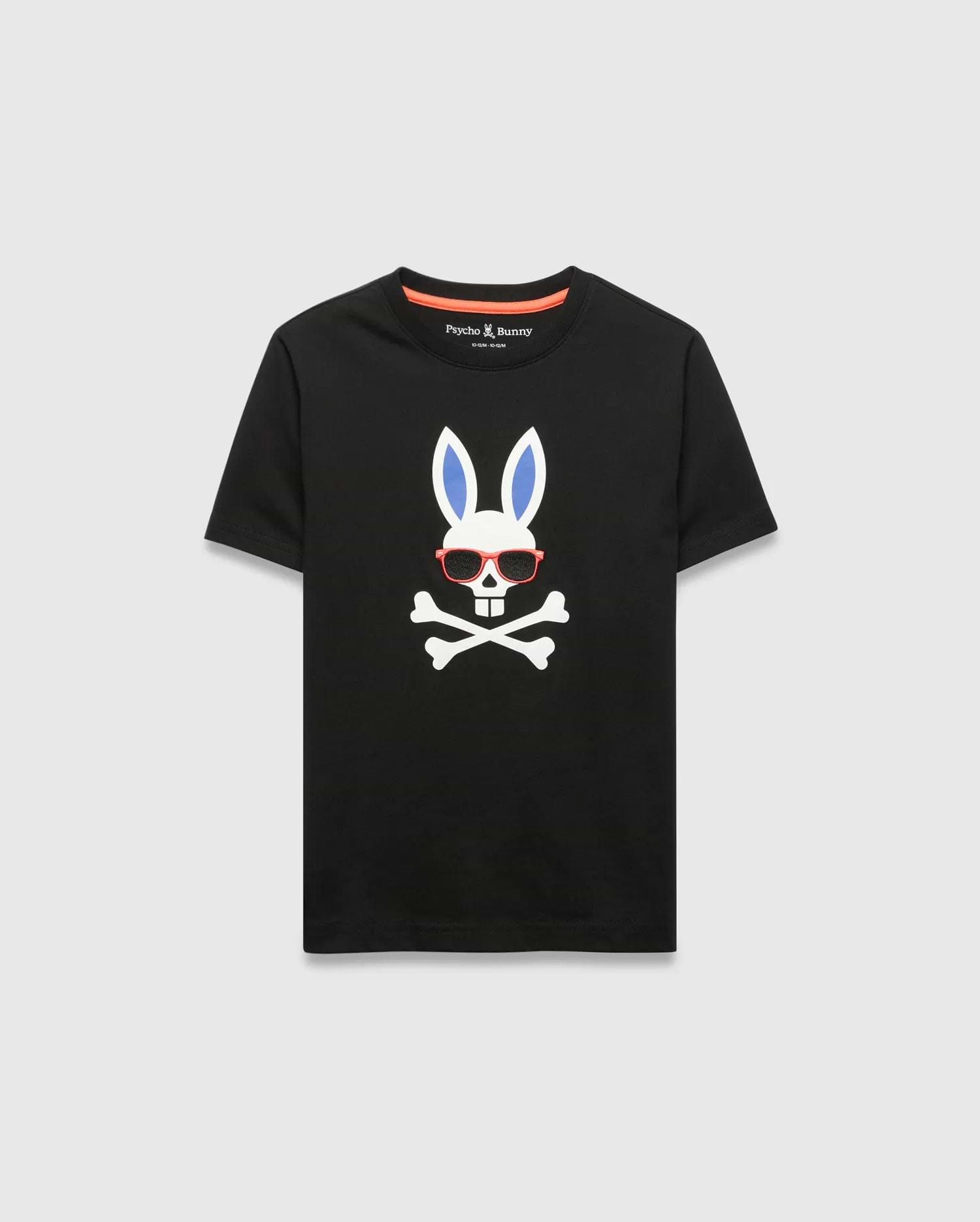 Black Kids Sunny Graphic Tee, classic fit, smooth jersey, featuring a large white Psycho Bunny skull with blue ears, red sunglasses, and crossbones graphic print on the chest, with orange neck tape.