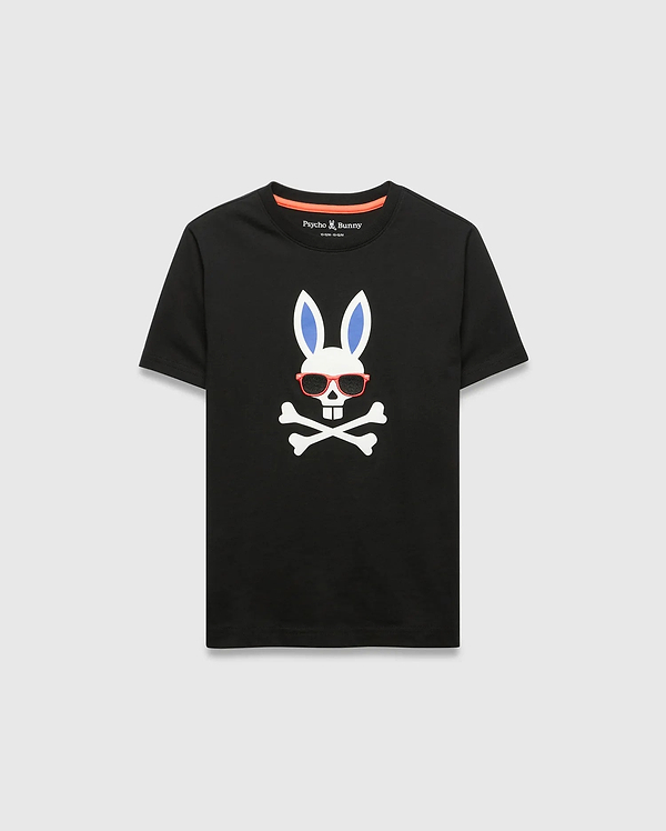 Black Kids Sunny Graphic Tee, classic fit, smooth jersey, featuring a large white Psycho Bunny skull with blue ears, red sunglasses, and crossbones graphic print on the chest, with orange neck tape.