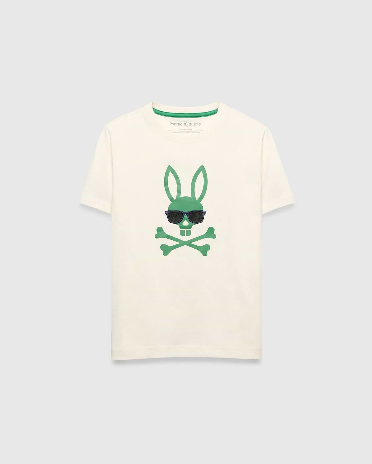 Kids Sunny Graphic Tee, cream classic fit jersey t-shirt featuring a large green Psycho Bunny skull and crossbones graphic with dark sunglasses on the center chest and green inner neckline trim.