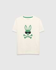 Kids Sunny Graphic Tee, cream classic fit jersey t-shirt featuring a large green Psycho Bunny skull and crossbones graphic with dark sunglasses on the center chest and green inner neckline trim.