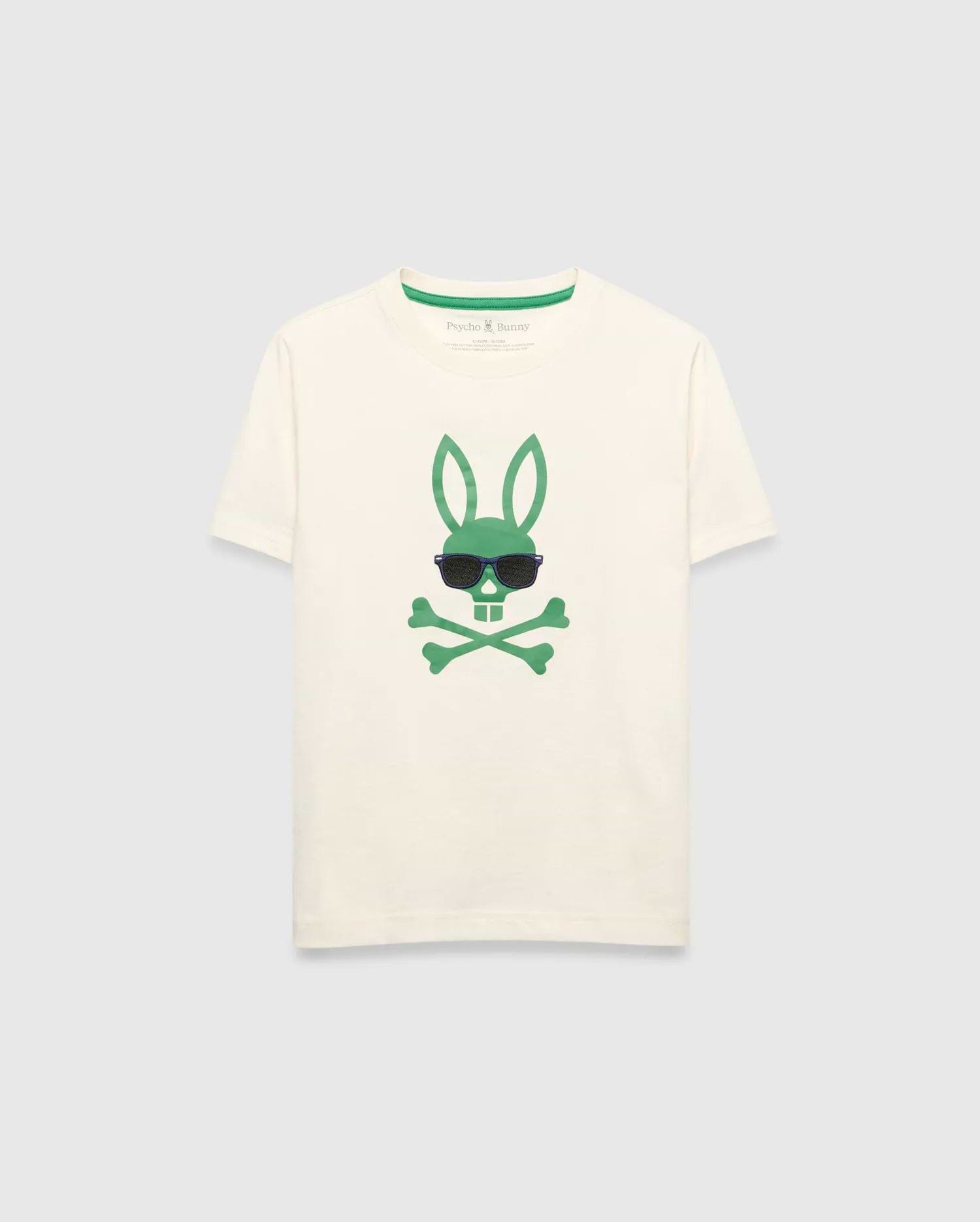 Kids Sunny Graphic Tee, cream classic fit jersey t-shirt featuring a large green Psycho Bunny skull and crossbones graphic with dark sunglasses on the center chest and green inner neckline trim.