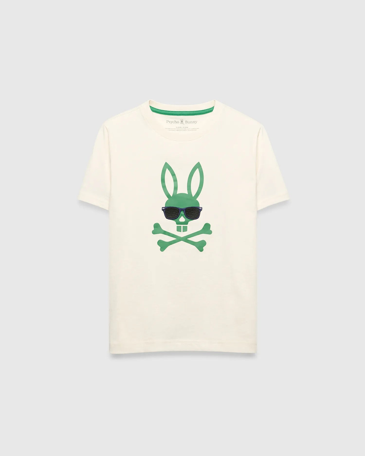 Kids Sunny Graphic Tee, cream classic fit jersey t-shirt featuring a large green Psycho Bunny skull and crossbones graphic with dark sunglasses on the center chest and green inner neckline trim.