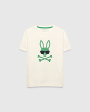 Kids Sunny Graphic Tee, cream classic fit jersey t-shirt featuring a large green Psycho Bunny skull and crossbones graphic with dark sunglasses on the center chest and green inner neckline trim.