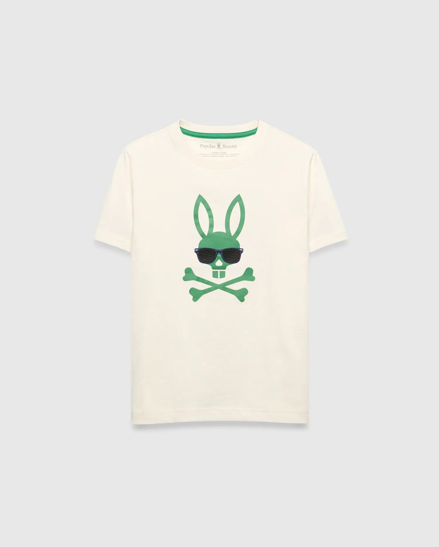 Kids Sunny Graphic Tee, cream classic fit jersey t-shirt featuring a large green Psycho Bunny skull and crossbones graphic with dark sunglasses on the center chest and green inner neckline trim.
