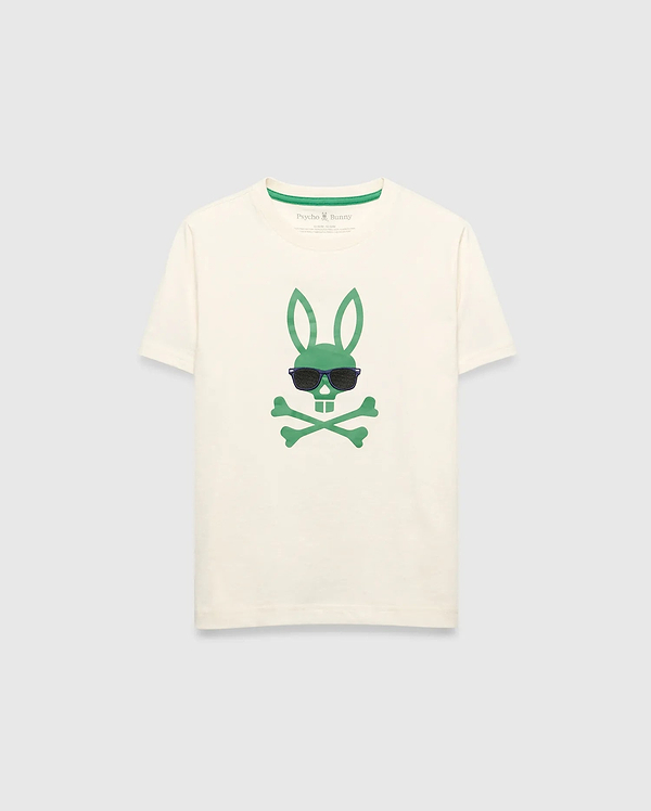 Kids Sunny Graphic Tee, cream classic fit jersey t-shirt featuring a large green Psycho Bunny skull and crossbones graphic with dark sunglasses on the center chest and green inner neckline trim.
