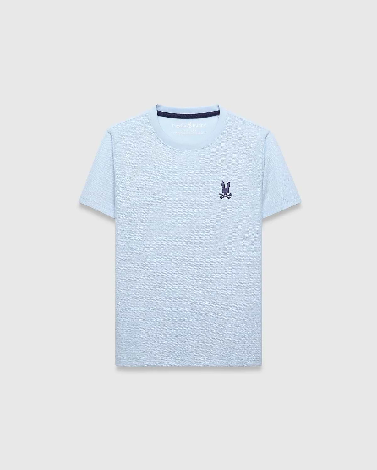 Kids Taylor Pique Tee, light blue classic fit pique texture t-shirt featuring a small embroidered dark purple Psycho Bunny skull logo on the left chest and a subtle dark blue inner collar trim. (4)