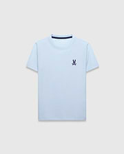 Kids Taylor Pique Tee, light blue classic fit pique texture t-shirt featuring a small embroidered dark purple Psycho Bunny skull logo on the left chest and a subtle dark blue inner collar trim. (4)