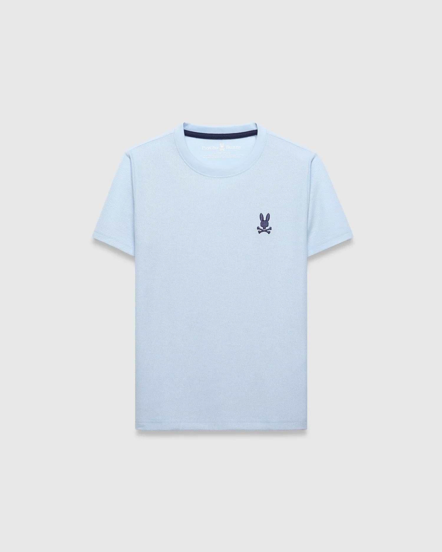 Kids Taylor Pique Tee, light blue classic fit pique texture t-shirt featuring a small embroidered dark purple Psycho Bunny skull logo on the left chest and a subtle dark blue inner collar trim. (4)