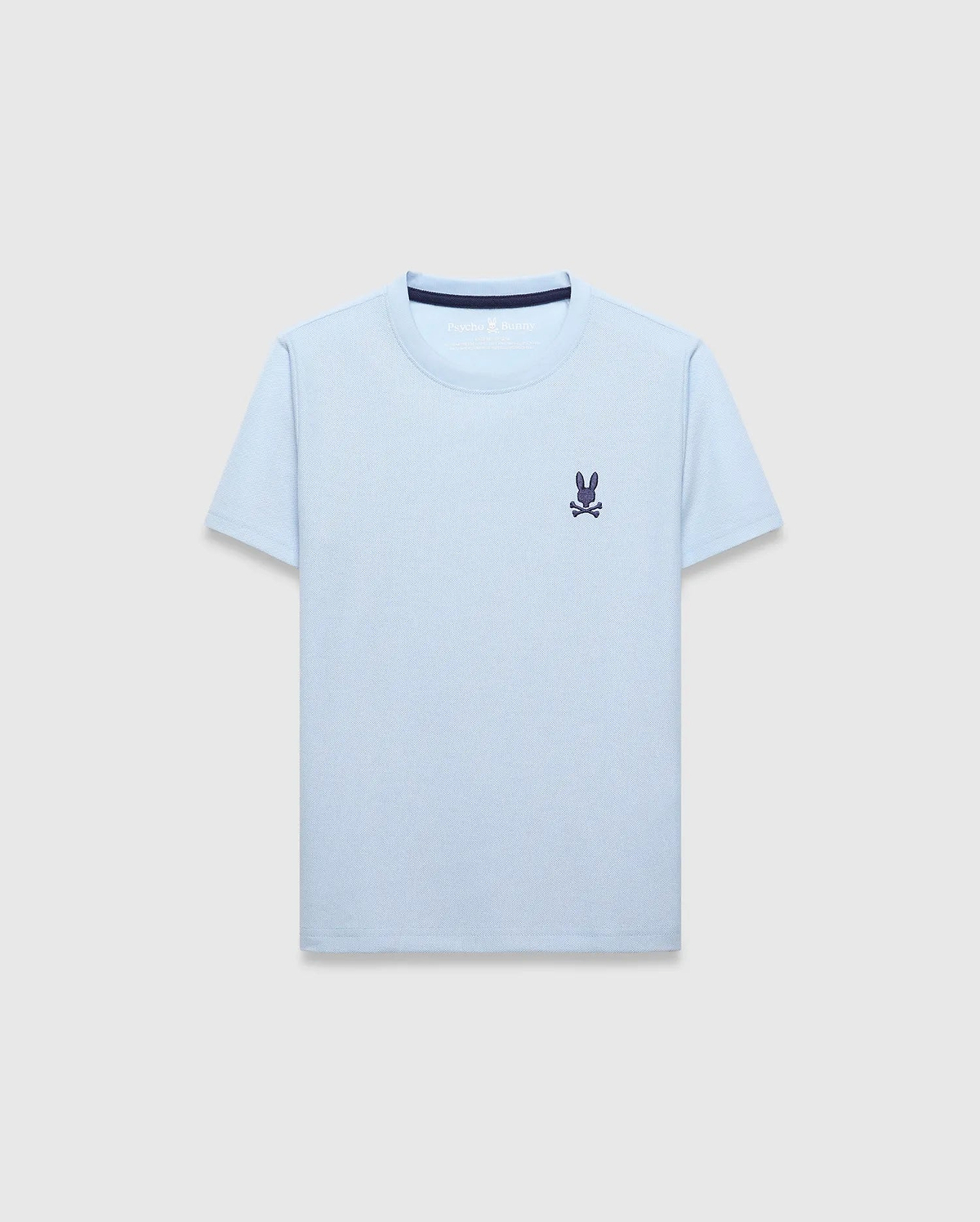 Kids Taylor Pique Tee, light blue classic fit pique texture t-shirt featuring a small embroidered dark purple Psycho Bunny skull logo on the left chest and a subtle dark blue inner collar trim. (4)