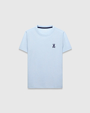 Kids Taylor Pique Tee, light blue classic fit pique texture t-shirt featuring a small embroidered dark purple Psycho Bunny skull logo on the left chest and a subtle dark blue inner collar trim. (4)