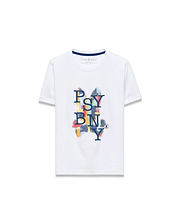 Kids Wes Graphic Tee, white classic fit jersey t-shirt featuring a large central pixelated multicolor PSYCHO BUNNY text graphic in a bunny skull shape, with a small back neck logo.