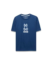 Premium Kids Alex Relaxed Back Graphic Tee in deep navy blue jersey, showcasing a large white Psycho Bunny skull logo and stacked text graphic on the back.